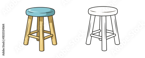Detailed cartoon drawing of a small wooden stool with four legs and a round light blue upholstered seat on a white background, perfect for a kitchen or bar area