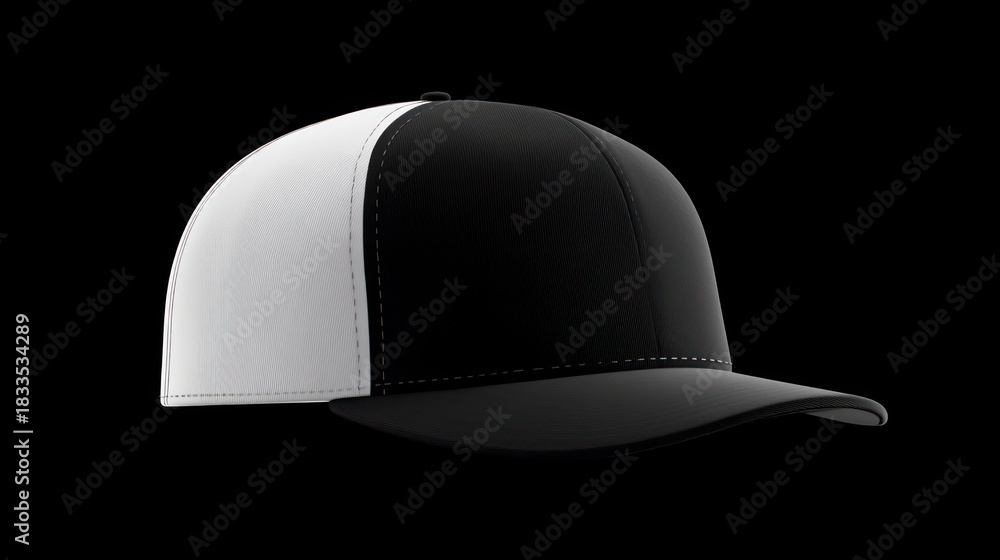 Fototapeta premium a two-tone baseball cap exhibiting modern minimalist design, set against a stark black backdrop offering versatile use for various projects