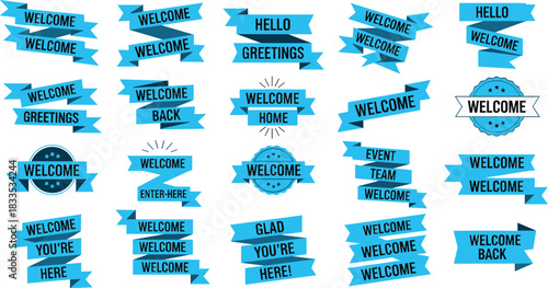 Collection of blue welcome ribbons and banners