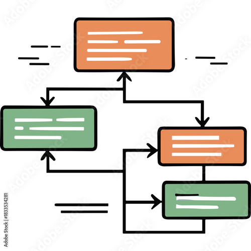 Organizational Flowchart With Orange And Green Rectangular Boxes And Arrows Illustrating Process And Connection On White Background