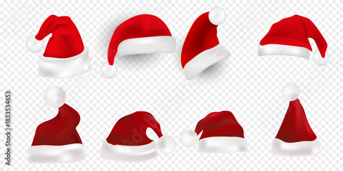 Big set of realistic Santa Hats isolated on transparent background.