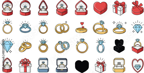 Collection of engagement rings and jewelry boxes in various shapes