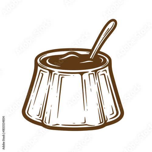Vintage sketch of chocolate pudding in a bowl with a spoon ready to be eaten