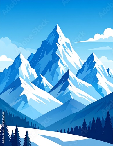 Stylized illustration of majestic snow-capped mountains under a clear blue sky