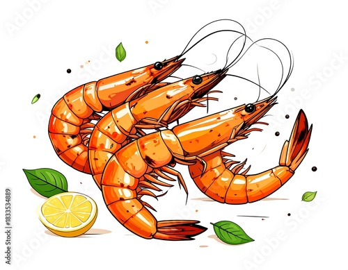 Stylized illustration of cooked shrimp with lemon and basil