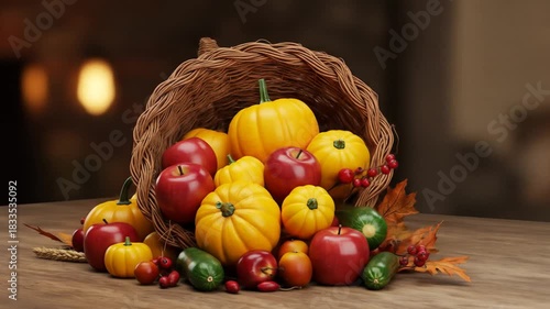 A woven cornucopia overflows with yellow squash red apples and green zucchini on wood