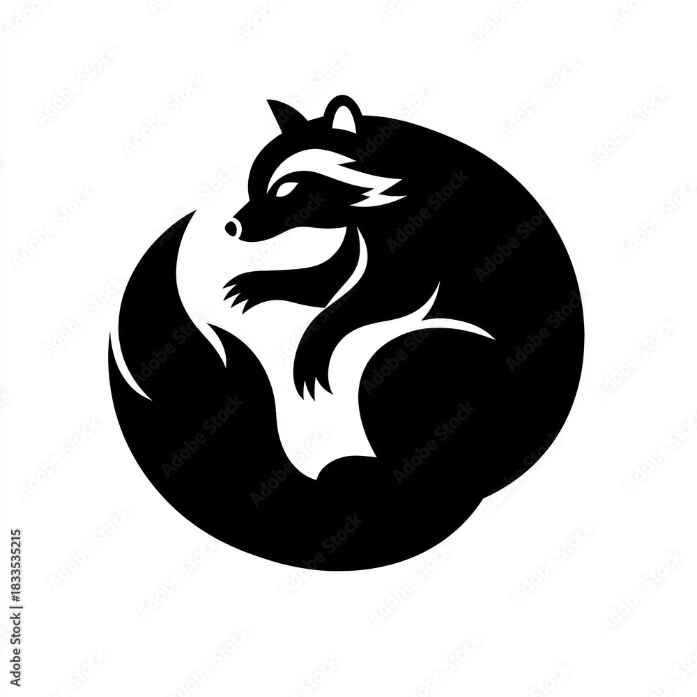Obraz premium A unique and elegant illustration of a raccoon curled in a circle, created in a minimalist style. The artwork features a bold black silhouette against a clean background.
