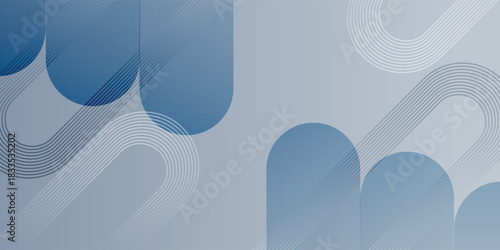 Modern abstract background with overlapping semi-transparent blue and gray rounded geometric shapes and lines.