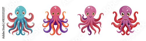 Cartoon octopus vector illustration set of cute sea animals with tentacles and big eyes design