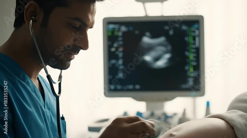 Professional Indian Doctor listens to a baby's heartbeat on a pregnant woman's abdomen