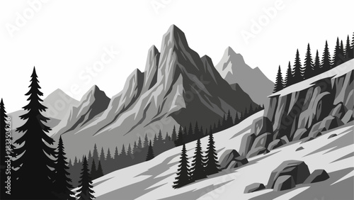 Majestic Mountain Peaks and Pine Trees in a Serene Winter Landscape.