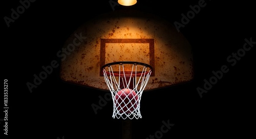 A basketball rests in the hoop's net, set against a darkly shadowed, weathered backboard panel.