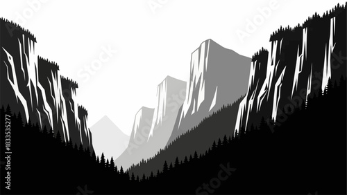 Monochrome vector illustration of a majestic mountain valley landscape.