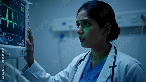 Concerned Indian doctor monitors a patient's vital signs on an ECG screen in the ICU