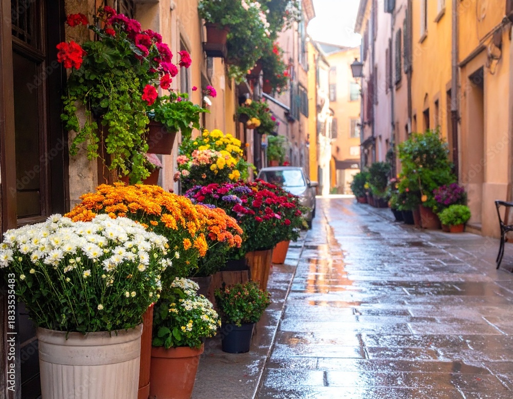 Naklejka premium Cozy street with flower shop