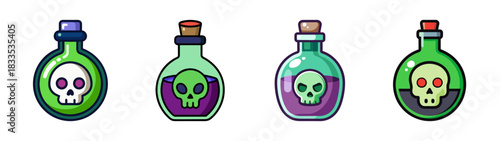 Collection of cartoon poison bottles with skull and crossbones for halloween designs and graphics