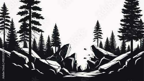Monochrome Forest Landscape with Rocks and Pine Trees.