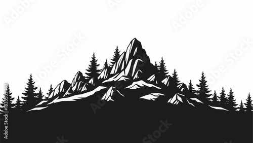 Majestic mountain range silhouette with evergreen trees against white backdrop.