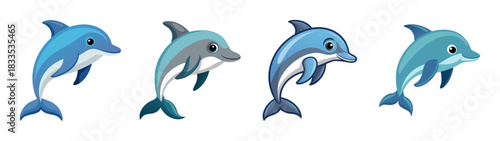 Dolphin illustration set, cute dolphin cartoon, ocean animal vector, marine life drawing set of four