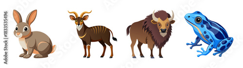 Illustration of wild animals including rabbit antelope bison and blue poison dart frog vector art