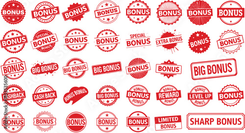 Collection of red bonus stamps and seals for promotions and offers