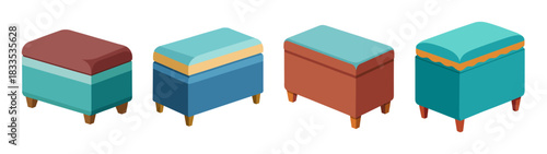 Isometric furniture set: modern bedside tables and nightstands with color variations for bedroom decor
