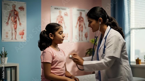 Indian Doctor Examines Young Girl with Stethoscope in Clinic