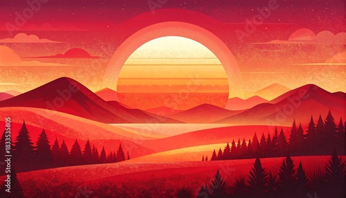 Stylized red sunset over mountains, fields, and a forest scene