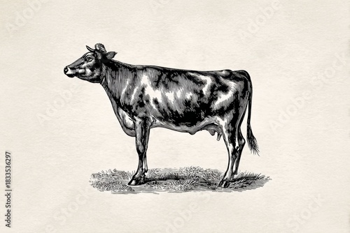 A detailed vintage sketch of a cow standing gracefully, showcasing its form