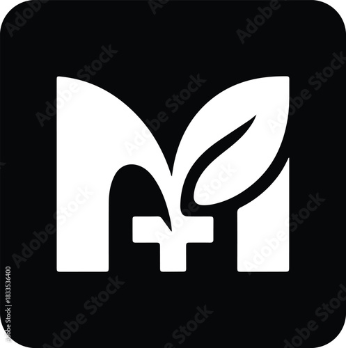 Black and white icon logo of letter m combined with a leaf and a medical cross sign