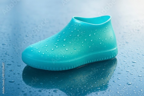A turquoise silicone shoe cover with water droplets on its surface. The shoe cover is designed to protect footwear from moisture and dirt.
