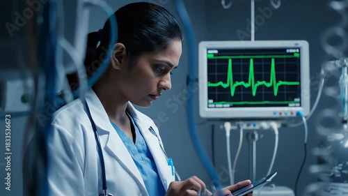 Indian female doctor working with advanced medical technology in a hospital