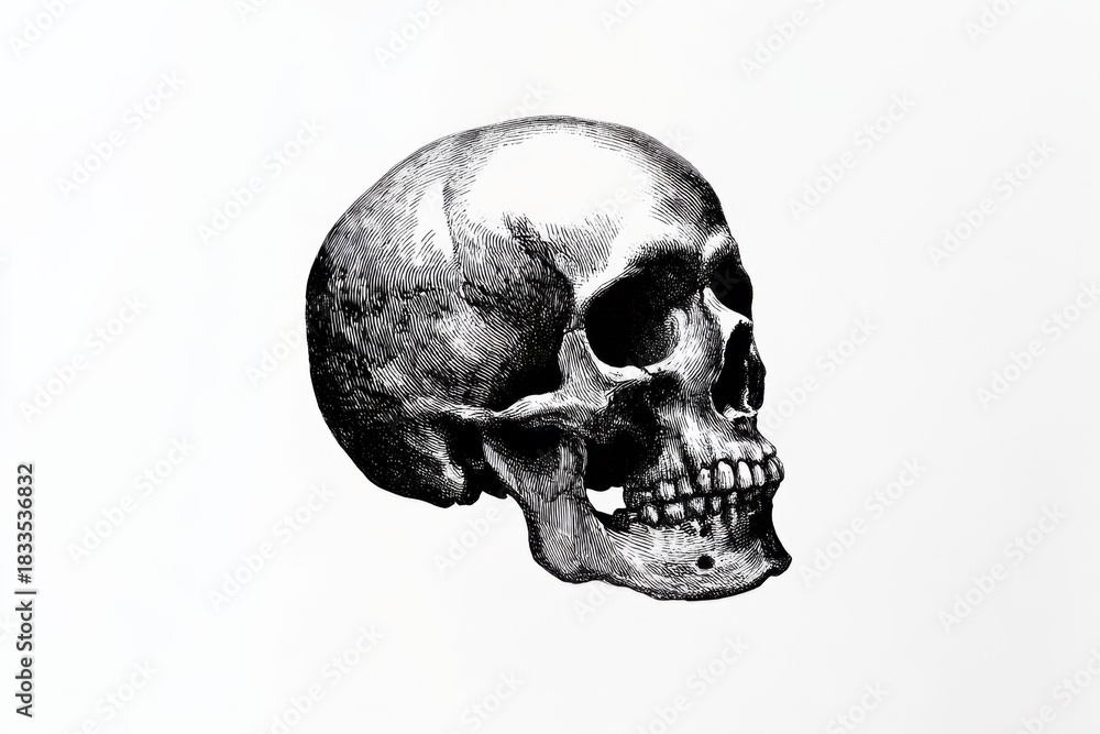 Obraz premium A grayscale illustration of a human skull, representing mortality and the afterlife