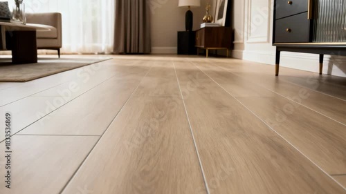 Medium shot capturing the seamless installation of luxury vinyl tile emphasizing upscale aesthetic and practical benefits in a refined room decor