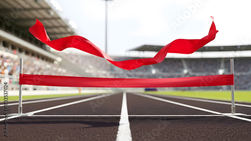 Red Finish Line Ribbon on Running Track in Stadium