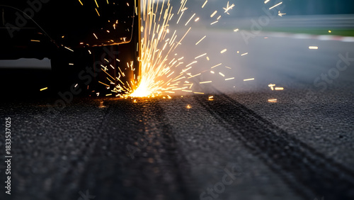 Racing Car Tire Burnout Creating Sparks and Smoke on Track