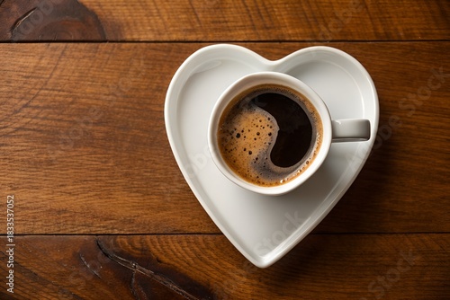 Morning Brew: An inviting cup of rich, dark coffee sits delicately in a heart-shaped saucer, placed on a rustic wooden table, creating a sense of warmth and comfort.