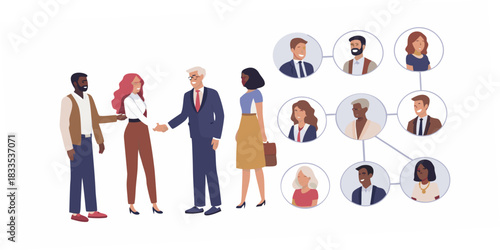 Diverse business team meeting and networking with organizational chart illustration