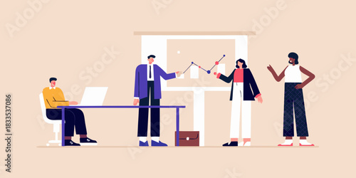 Business team analyzing data on a presentation board in an office