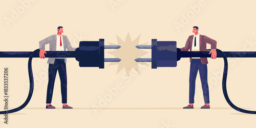 Businessmen connecting giant electrical plug collaboration and partnership concept