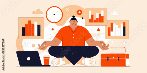 Business man meditating for stress relief in a modern office setting