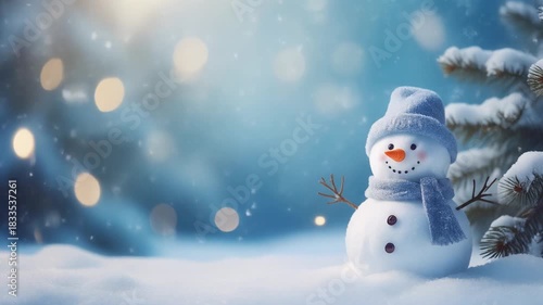 Christmas cute snowman in christmas snowy nature.