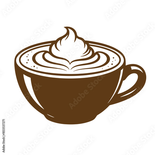 Artistic brown coffee cup with decorative latte art and whipped cream sketch vintage design