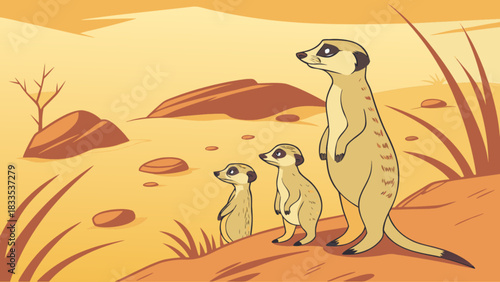 Three meerkats standing alert on a sandy landscape with rocks and sparse vegetation in a desert scene