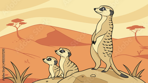 A family of meerkats standing alert on a rock in a desert landscape with trees and sand dunes