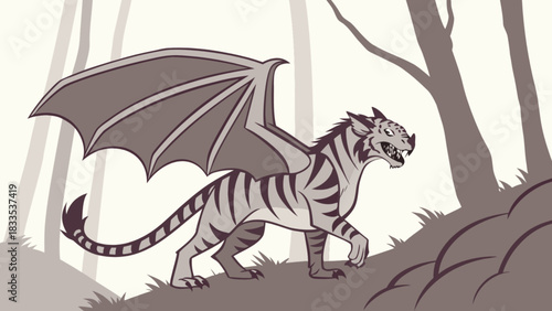 A winged tiger with stripes and sharp teeth walks through a forest in a monochrome illustration style