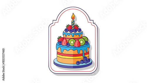 Festive Birthday Cake Illustration with Berries and Candle