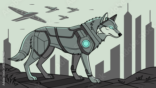 Illustration of a robotic wolf with planes flying overhead and city buildings in the background art