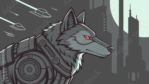 Illustration of a cyborg wolf with red eyes and spaceships flying over a futuristic city skyline