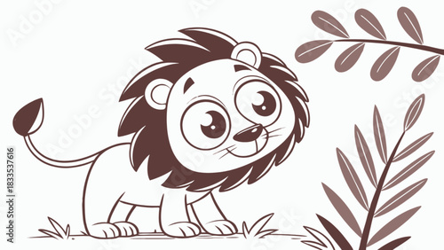 Cartoon lion with big eyes and a bushy mane standing near grass and leafy branches illustration